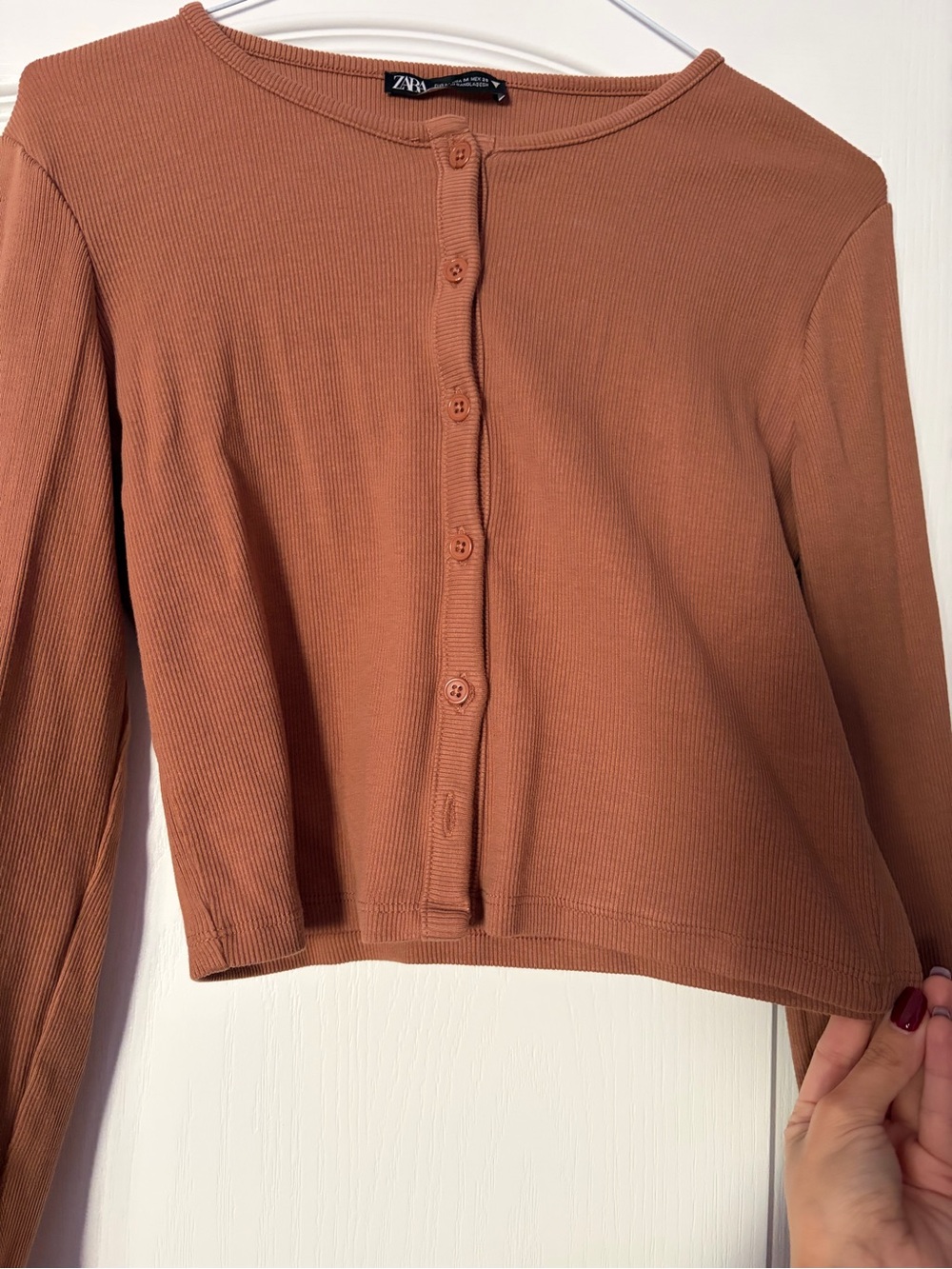 Zara Button-Front Ribbed Long Sleeve Top - Rust Brown - Picture 2 of 3